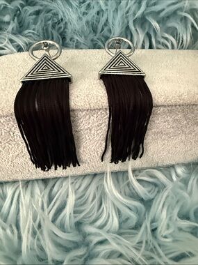 Silver Triangle Fringe Drop Earrings - Black